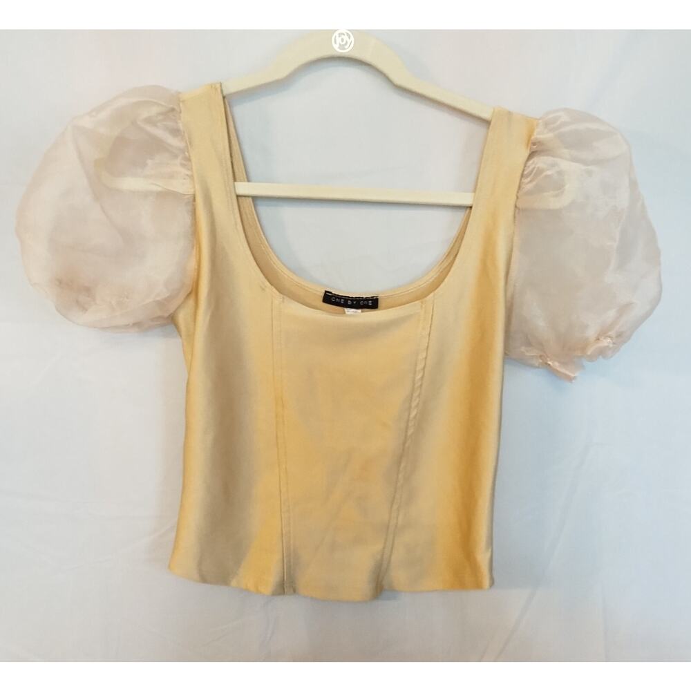 One by One Sheer Bouffant Puff Sleeve Cropped Pullover Top Gold Size L